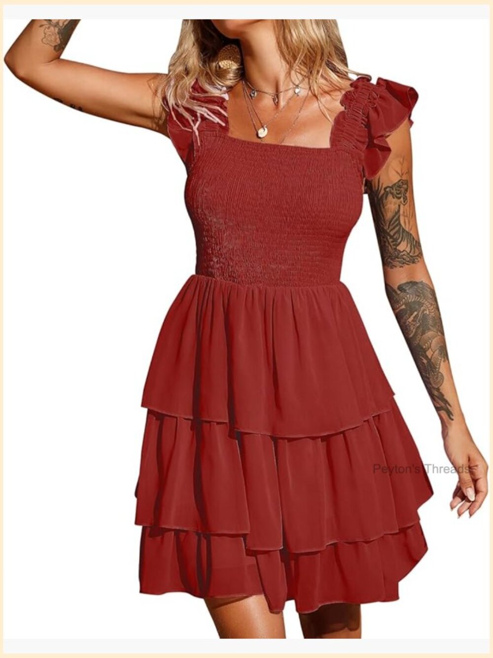 Square Neck Sleeveless Ruffle Dress - Smocked Bodice High Waist Backless Tiered